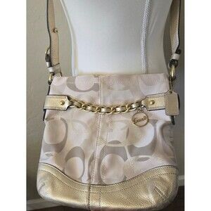 Coach Gold Metallic Signature Chain With Leather Trim Crossbody Bag